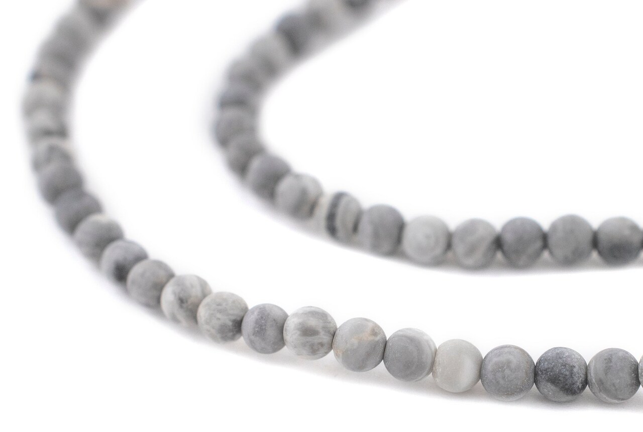 The Bead Chest Matte Grey Picasso Jasper Beads (4mm): Organic Gemstone Round Spherical Energy Stone Healing Power Crystal for Jewelry Bracelet Mala Necklace Making